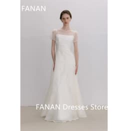 Fanan Korea Boat Neckline Ivory Wedding Dresses  웨딩드레스 Organza Tiered Custom Made Ruched Photoshoot Bride Gowns Plus Size