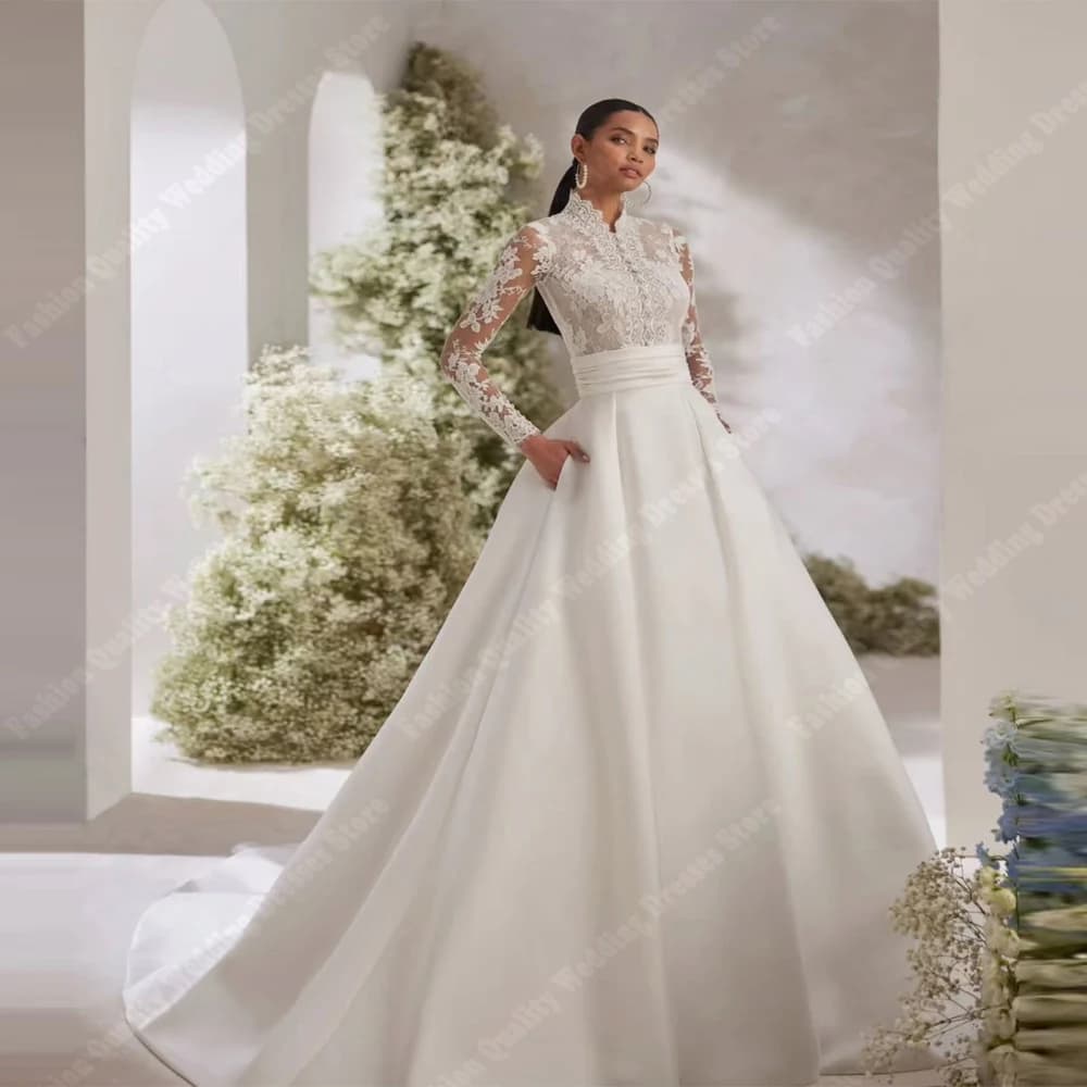 High Collar Wedding Dresses For Women Lace Flower Printing A-Line Long Sleeves Robes Ball Princess Vestidos De Novias Customized