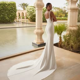 ZIBUYU Customized Satin Wedding Dress Square Neck Wide Straps Open Back Ruched Waist Sheath Bridal Gown