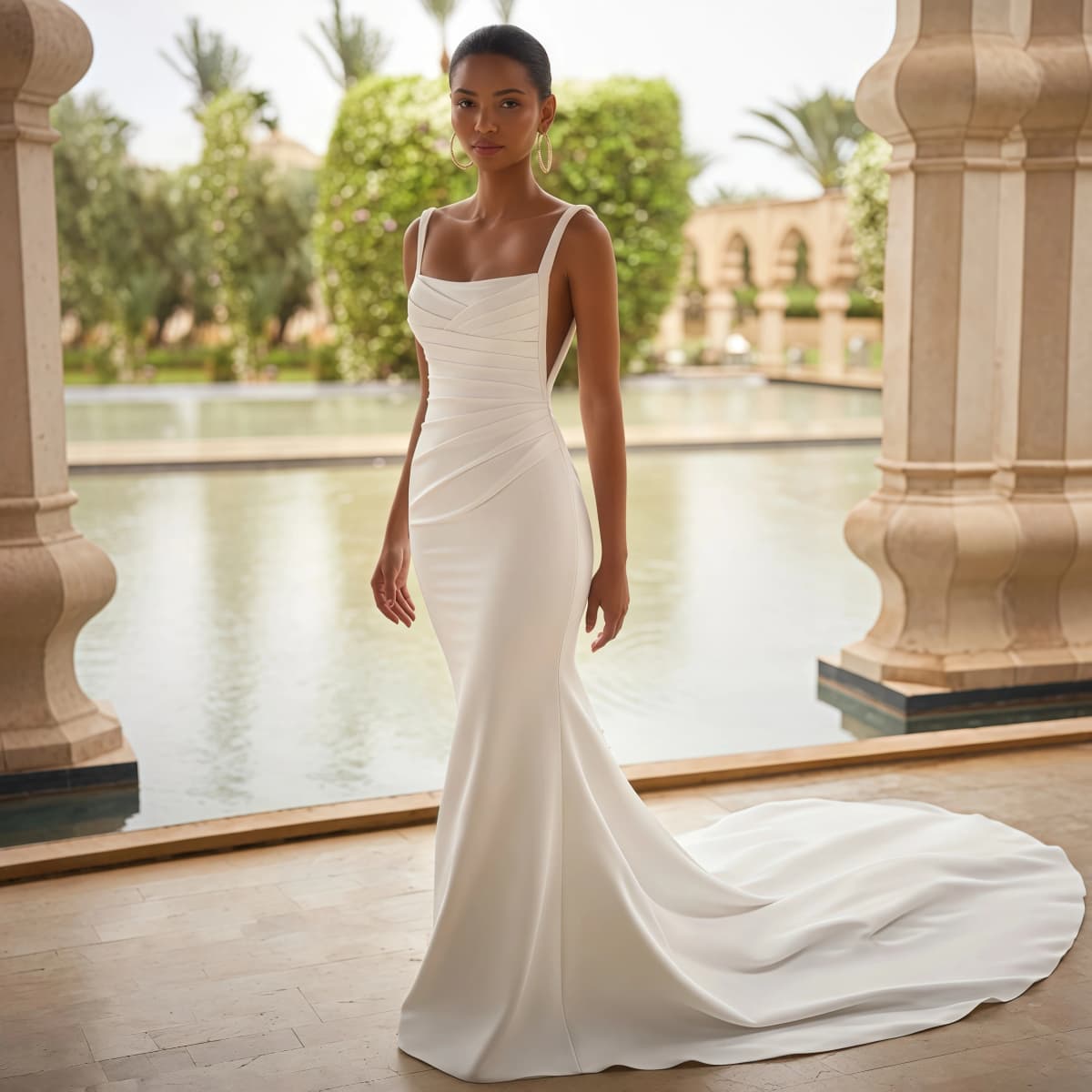 ZIBUYU Customized Satin Wedding Dress Square Neck Wide Straps Open Back Ruched Waist Sheath Bridal Gown