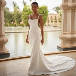 ZIBUYU Customized Satin Wedding Dress Square Neck Wide Straps Open Back Ruched Waist Sheath Bridal Gown
