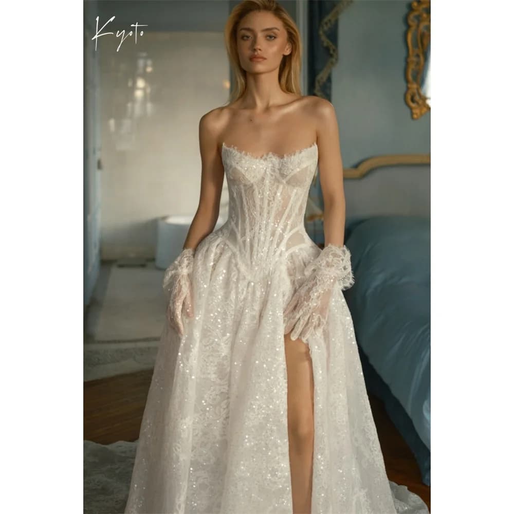 Kyoto Customized White Strapless Neck Wedding Dress Sleeveless Tulle Side High Split vestidos de noche A-Line robe de mariée