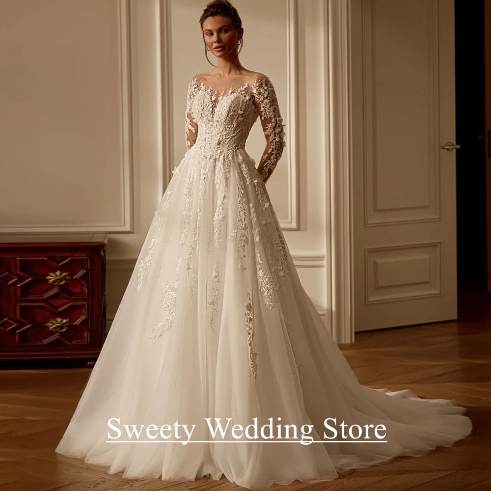 Charming Woman Bride Wedding Dress Robe De Mariee Customized Scoop Neck Beading Applique A Line Glitter Bridal Gown