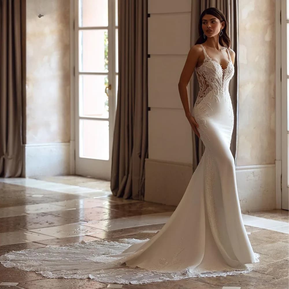 Luxury V-neck Mermaid Wedding Dresses for Women Spaghetti Straps Lace Appliques Robe De Mariee Backless Bridal Gown