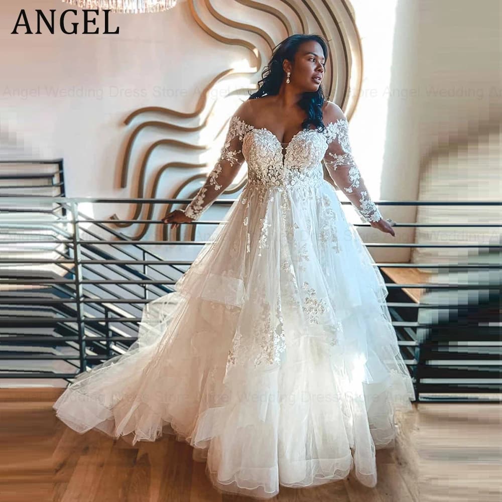 ANGEL Gorgeous Plus Size Wedding Dresses Customized 2025 A-line Tulle Lace Appliques Bridal Gowns Long Sleeves Vestidos de Novia