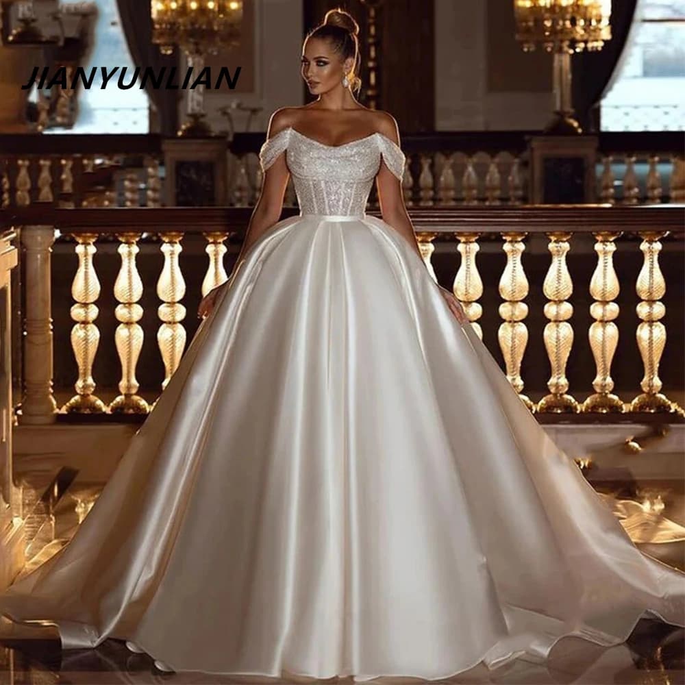 Customized Off the Shoulder Wedding Dresses Sexy Sequins Beads Princess Women's Bride Gowns Satin Vestido De Noiva Robe платье