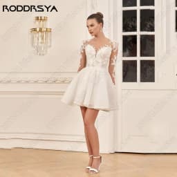 RODDRSYA Short Lace Wedding Dress O-Neck Long Sleeves A-Line Applique Civil Bride Gown Tulle Lace Up свадебные платья customized