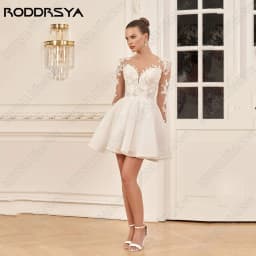 RODDRSYA Short Lace Wedding Dress O-Neck Long Sleeves A-Line Applique Civil Bride Gown Tulle Lace Up свадебные платья customized