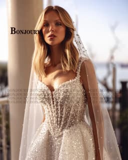 BONJOURY Exquisite High Slit Wedding Dresses Pearls Spaghetti Straps Pleat A-line Sweep Train Brautkleid De Mariee Customized