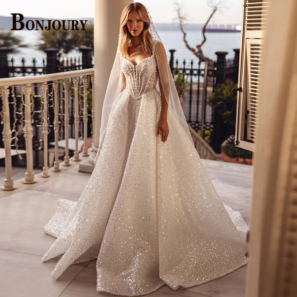 BONJOURY Exquisite High Slit Wedding Dresses Pearls Spaghetti Straps Pleat A-line Sweep Train Brautkleid De Mariee Customized