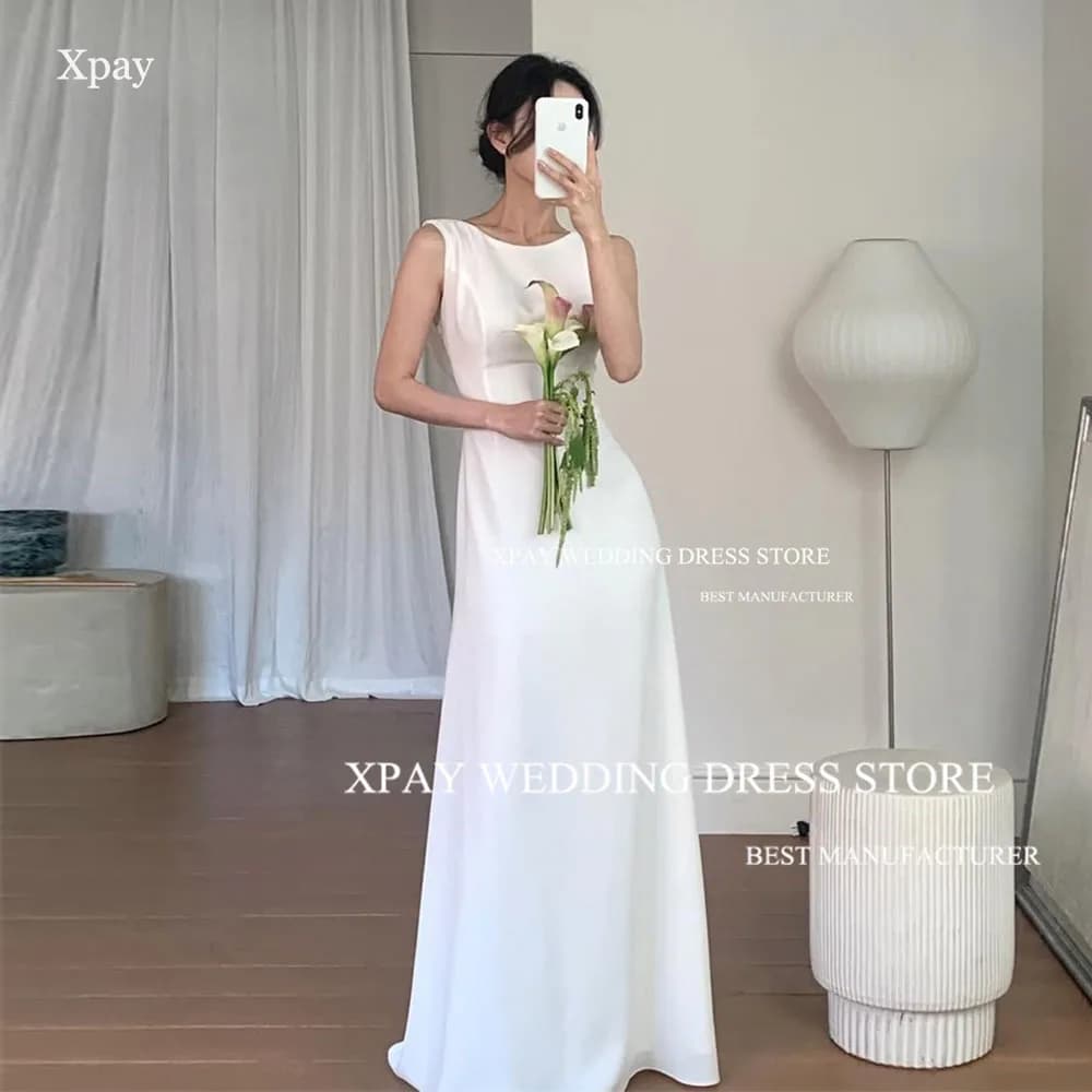 XPAY Elegant Scoop Neck Korea Wedding Party Dresses Cowl Backless Satin Customized Bride Dress Backless Bridal Gown Photos Shoot
