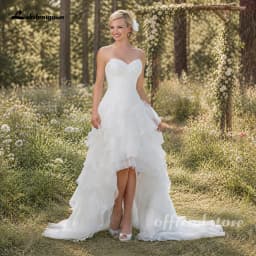 Lakshmigown Organza High Low Country A line Wedding dress for bride With Pleated Bodice Corset Tiered Skirt Beach Bridal Dress