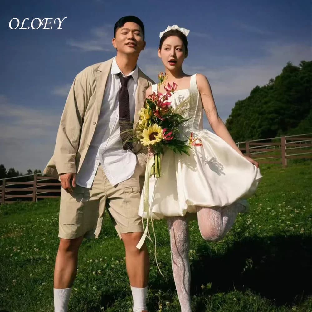 OLOEY Simple Ivory Wedding Party Dress Korea Square Collar Draped A-Line Satin Photo Shoot Short Bridal Gown Custom 웨딩드레스