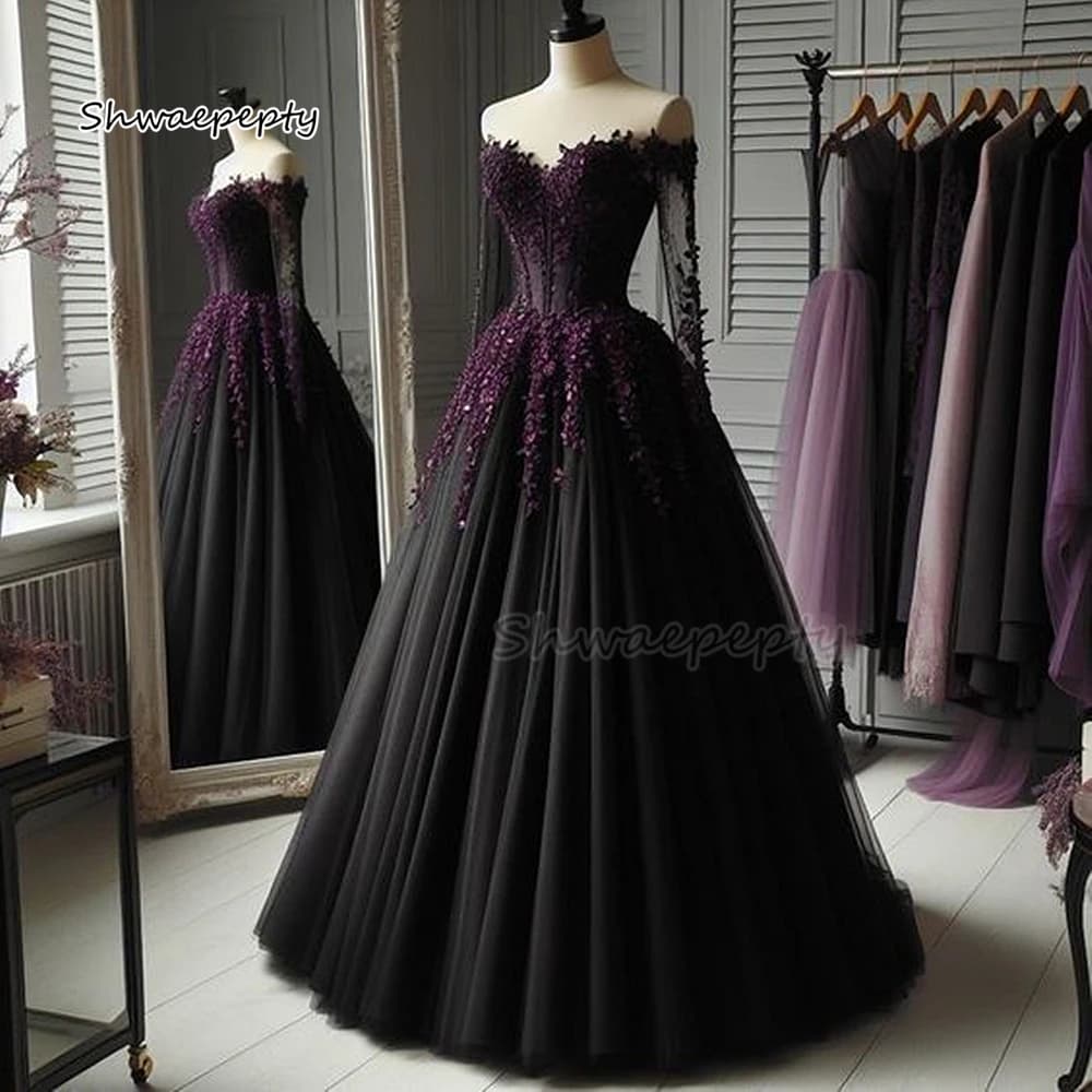 A-Line Black Gothic Wedding Dresses Off The Shoulder Long Sleeves Pleats Tulle Bridal Gown Grape Lace Appliques Customized