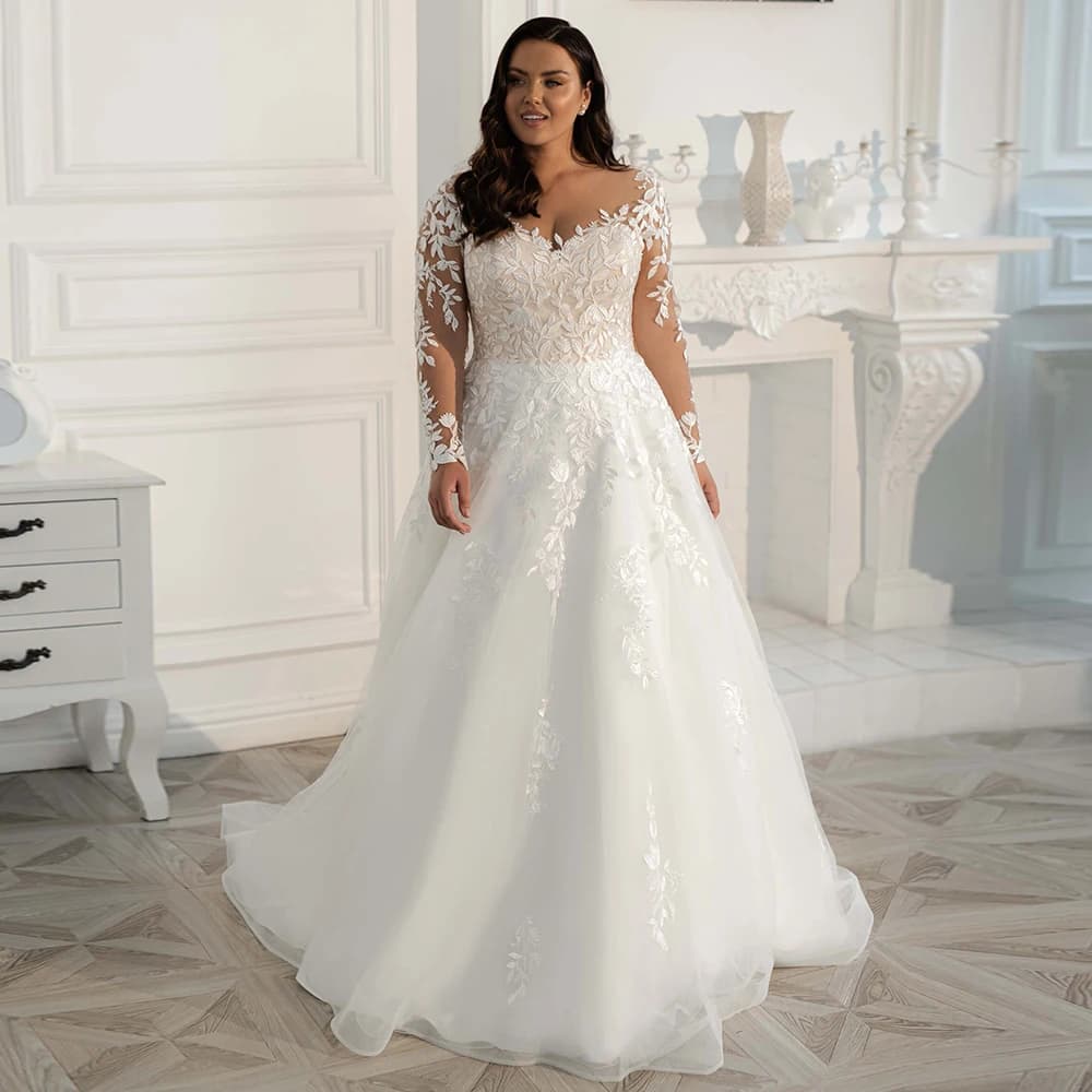 Lace Wedding Dresses Plus Size Customized Elegant Big Women's Long Sleeves Scoop A Line Tulle Bridal Gowns Vestido De Noiva