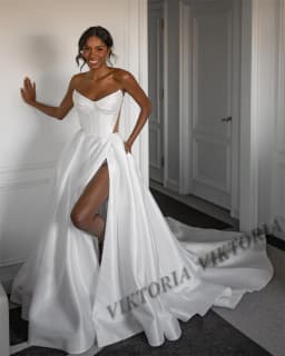 VIKTORIA Simple Satin Wedding Dresses For Woman Bride A-line Slit Strapless Pleat Vestido De Casamento Personalized Customized