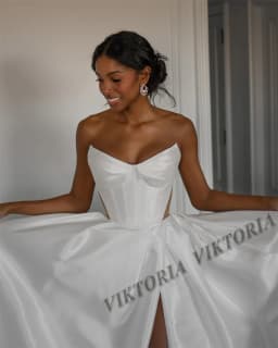VIKTORIA Simple Satin Wedding Dresses For Woman Bride A-line Slit Strapless Pleat Vestido De Casamento Personalized Customized