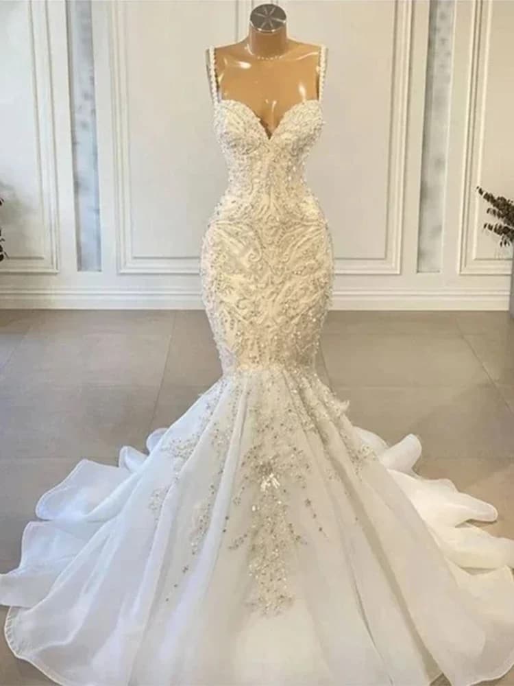 Luxury Mermaid Wedding Dresses Beaded Appliques Vintage Lace Up Back Bridal Gown Spaghetti Straps Vestido De Novia