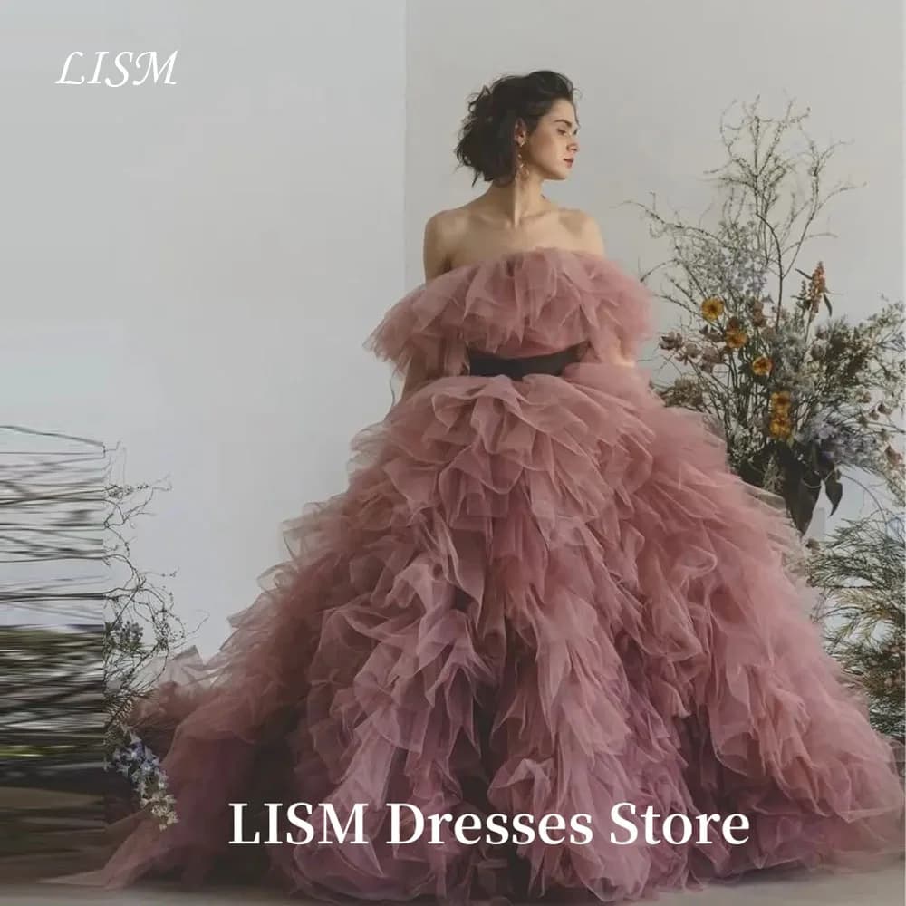 LISM One Line Collar A-Line Japan Wedding Dresses Removable Soft Tulle Strapless Tiered Layered Elegant Evening Gowns Customized