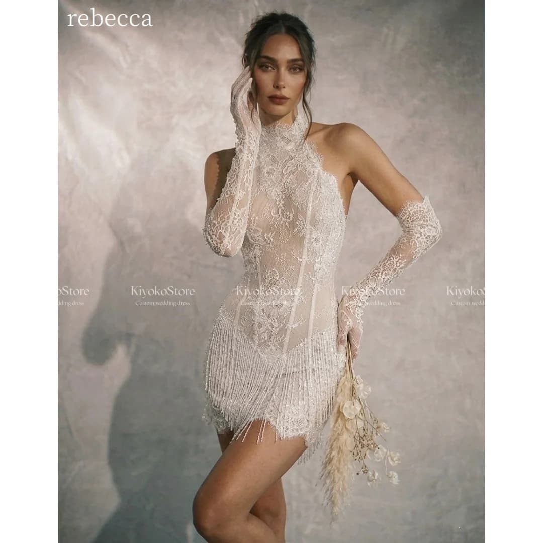 Rebecca Customized Halter Neck Long Lace Gloves Prom Dress Sheath Mini vestidos de noche Sheer Lace Panels Evening Dresses 2026