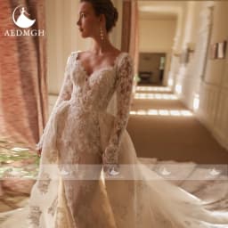 Aedmgh Mermaid Sexy Wedding Dresses Scalloped Long Sleeve Vestido De Novia Lace Embroidery 2 In 1 Chic Custom Made Bridal Gown