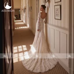 Aedmgh Mermaid Sexy Wedding Dresses Scalloped Long Sleeve Vestido De Novia Lace Embroidery 2 In 1 Chic Custom Made Bridal Gown