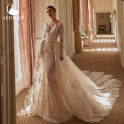 Aedmgh Mermaid Sexy Wedding Dresses Scalloped Long Sleeve Vestido De Novia Lace Embroidery 2 In 1 Chic Custom Made Bridal Gown