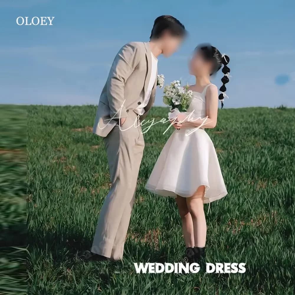 OLOEY Simple Short Wedding Dresses Korea Customised Wide Straps Square Neck Mini Country Bride Gowns Corset Back Mariage