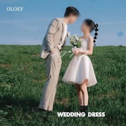 OLOEY Simple Short Wedding Dresses Korea Customised Wide Straps Square Neck Mini Country Bride Gowns Corset Back Mariage