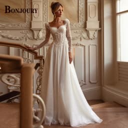BONJOURY Glamorous A-line Wedding Dresses with Long Sleeves Sweetheart Flower Appliques Sweep Train Vestidos De Noiva Customized