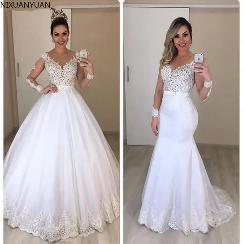 Bridal Gowns Mermaid Lace 2 In 1 Wedding Dresses Long Sleeves Detachable Train Puffy Tulle Appliques Vestido De Novia Customized