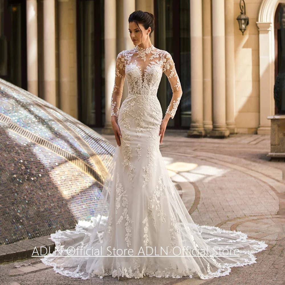 Court Train Mermaid Wedding Dress Customized Long Sleeves Illusion Applique Back Zipper Buttons Lace Bridal Gown Robe Mariee