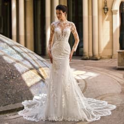 Court Train Mermaid Wedding Dress Customized Long Sleeves Illusion Applique Back Zipper Buttons Lace Bridal Gown Robe Mariee