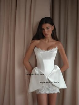 Strapless Sweetheart Satin Corset Mini Wedding Dress 3D Flap Overlay Lace Liner Bridal Reception Gown