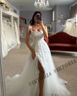VIKTORIA Attractive Corset Wedding Dresses For Woman Bride Slit Square Collar Tulle Appliques Vestido De Casamento Customized
