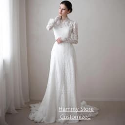 Woman Arabian Wedding Dress Customized Long Sleeves High Neck Saudi Arabic Bridal Gown Sweep Train Bride Robe De Mariee