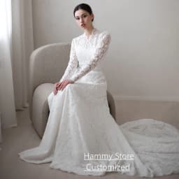 Woman Arabian Wedding Dress Customized Long Sleeves High Neck Saudi Arabic Bridal Gown Sweep Train Bride Robe De Mariee