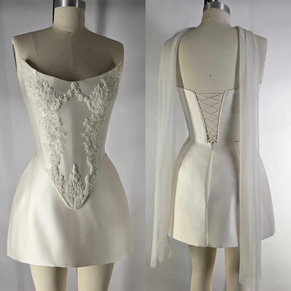 Customized Elegant White Satin Exquisite Appliques Wedding Dress Fashion Bridal Party Sexy Strapless Delicate Bridal Gowns