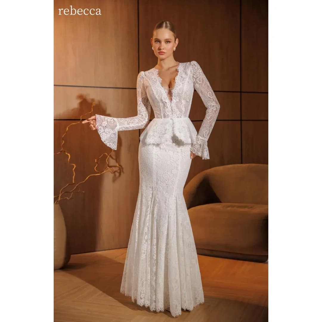 Rebecca Customized Long Sleeve Ruffled Bell Sleeves Wedding Dress Mermaid Peplum vestidos de noche V‑Neck Evening Dresses 2026