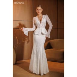 Rebecca Customized Long Sleeve Ruffled Bell Sleeves Wedding Dress Mermaid Peplum vestidos de noche V‑Neck Evening Dresses 2026