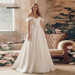 Customized Elegant Off Shoulder Ivory Satin Pleat Wedding Dress for Women Corset Back Bride Gown with Flowers Vestidos De Novia