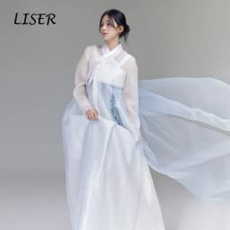 Liser Customized Dreamy Hanbok Women White Sheer Top Blue Grey Flowy Skirt Korean Traditional Dress Wedding Photos Photography