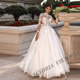 VIKTORIA Pleasant High Neck Wedding Dresses For Woman Bridal Long Sleeves Buttons A-LINE Appliques Vestidos De Novia Custom Made
