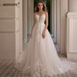 BEPEITHY Customized Sexy Backless A Line Wedding Dresses Sleeveless Women V Neck Glitter Boho Court Train Lace Bride Bridal Gown