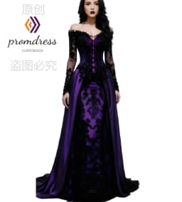 Vampire Purple Gothic Wedding Dress 2026 Long Sleeve Black Lace Victorian Medieval Bridal Gowns Halloween Fantasy Colored Bride