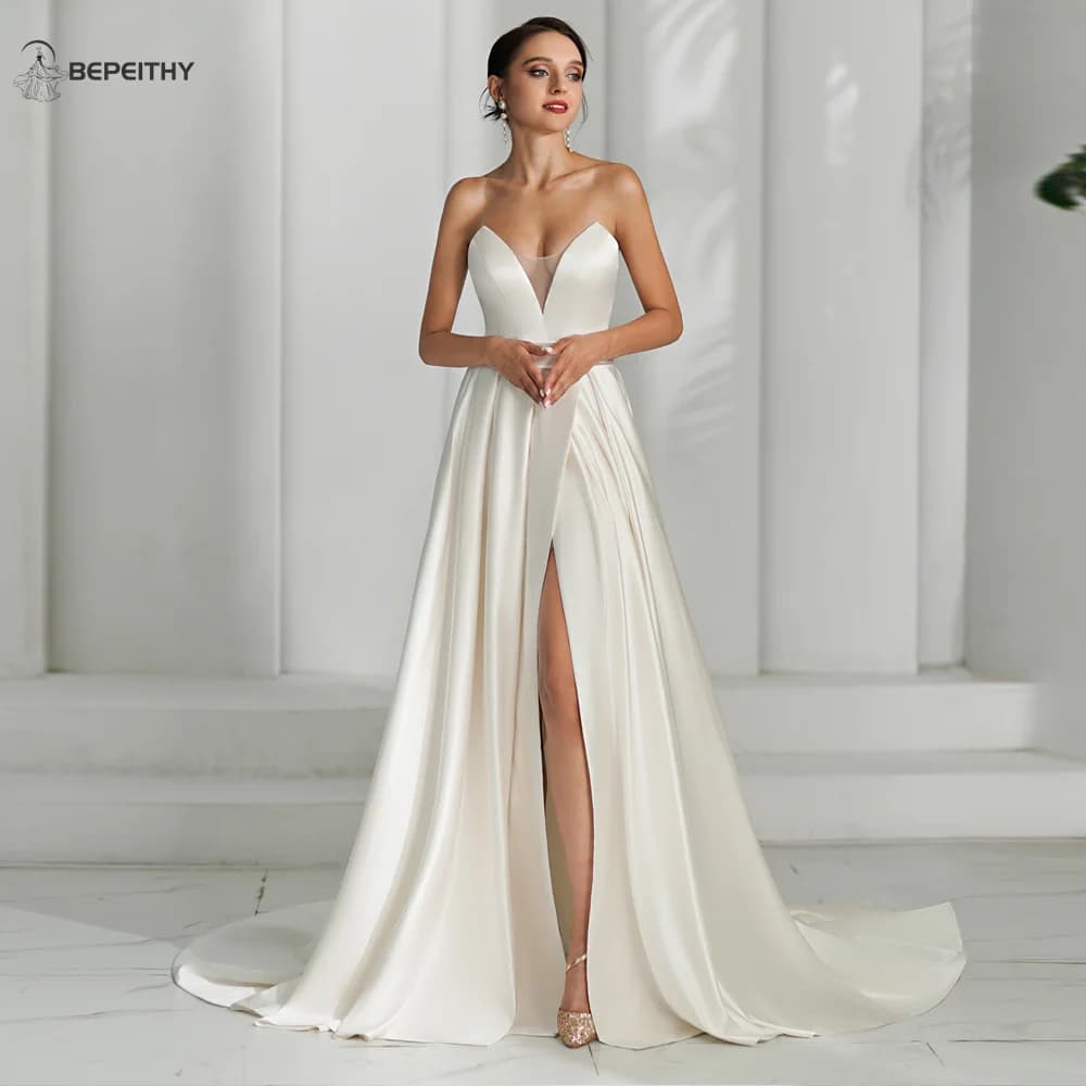 BEPEITHY Customized Ivory Satin A Line Wedding Dress Women 2026 Sweetheart Sexy High Slit Sweep Train Bride Boho Bridal Gown