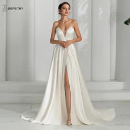 BEPEITHY Customized Ivory Satin A Line Wedding Dress Women 2026 Sweetheart Sexy High Slit Sweep Train Bride Boho Bridal Gown