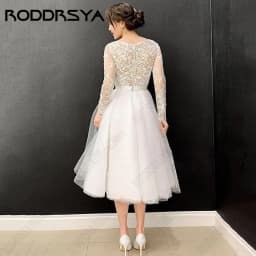 RODDRSYA O-Neck A-Line Wedding Dress For Woman Tulle Long Sleeve Appliques Elegant Bridal Gown Tea-Length Vestido De Nova 2024