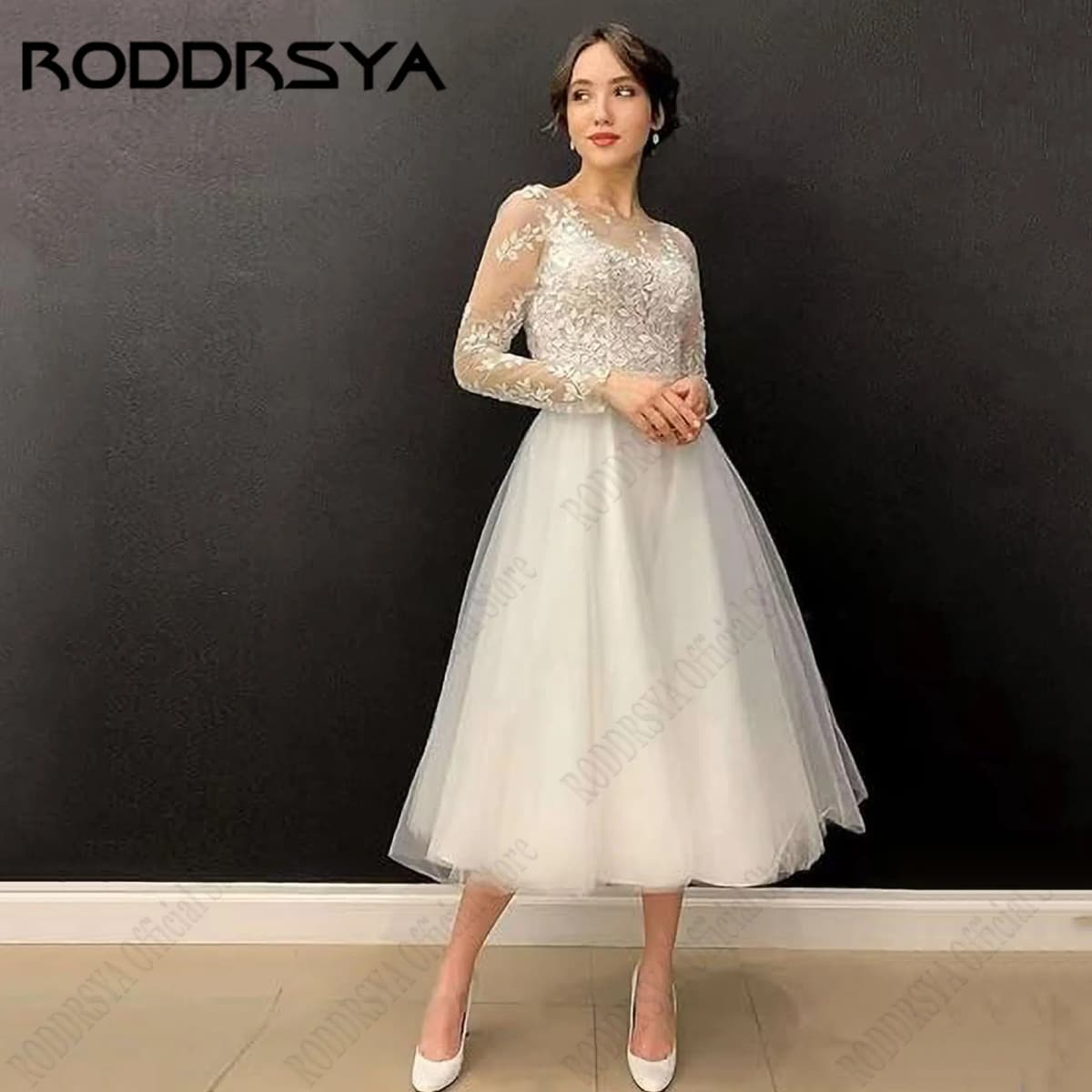 RODDRSYA O-Neck A-Line Wedding Dress For Woman Tulle Long Sleeve Appliques Elegant Bridal Gown Tea-Length Vestido De Nova 2024