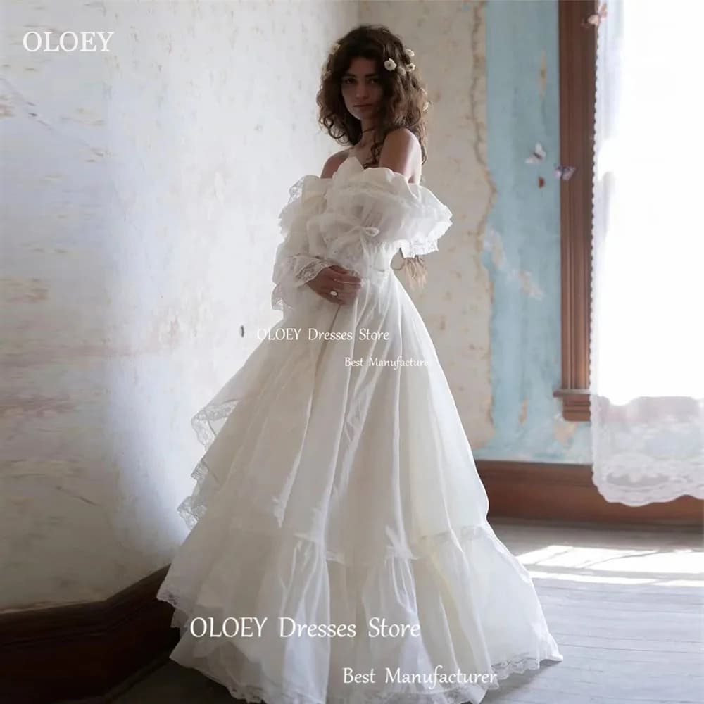OLOEY Vintage Customized Chiffon Lace Ruched A Line Wedding Dresses Strapless Three Quarter Sleeve Floor Length Bride Gowns